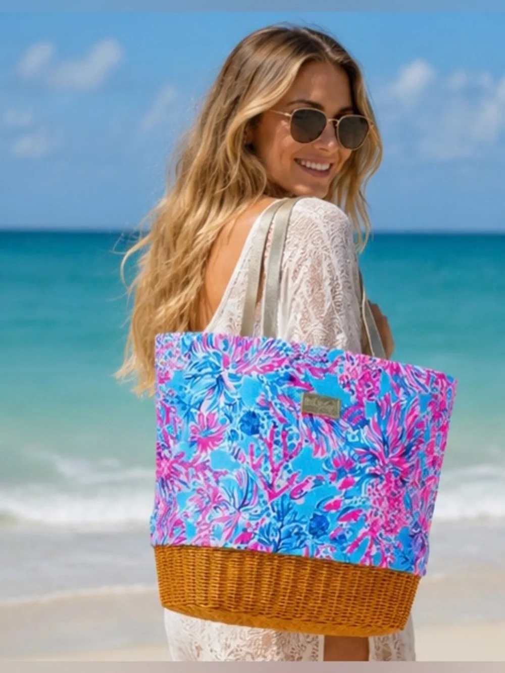 RARE BNWOT Lilly Pulitzer Blue-Pink Coral-Print Tote w Gold Handles& Wicker Tote